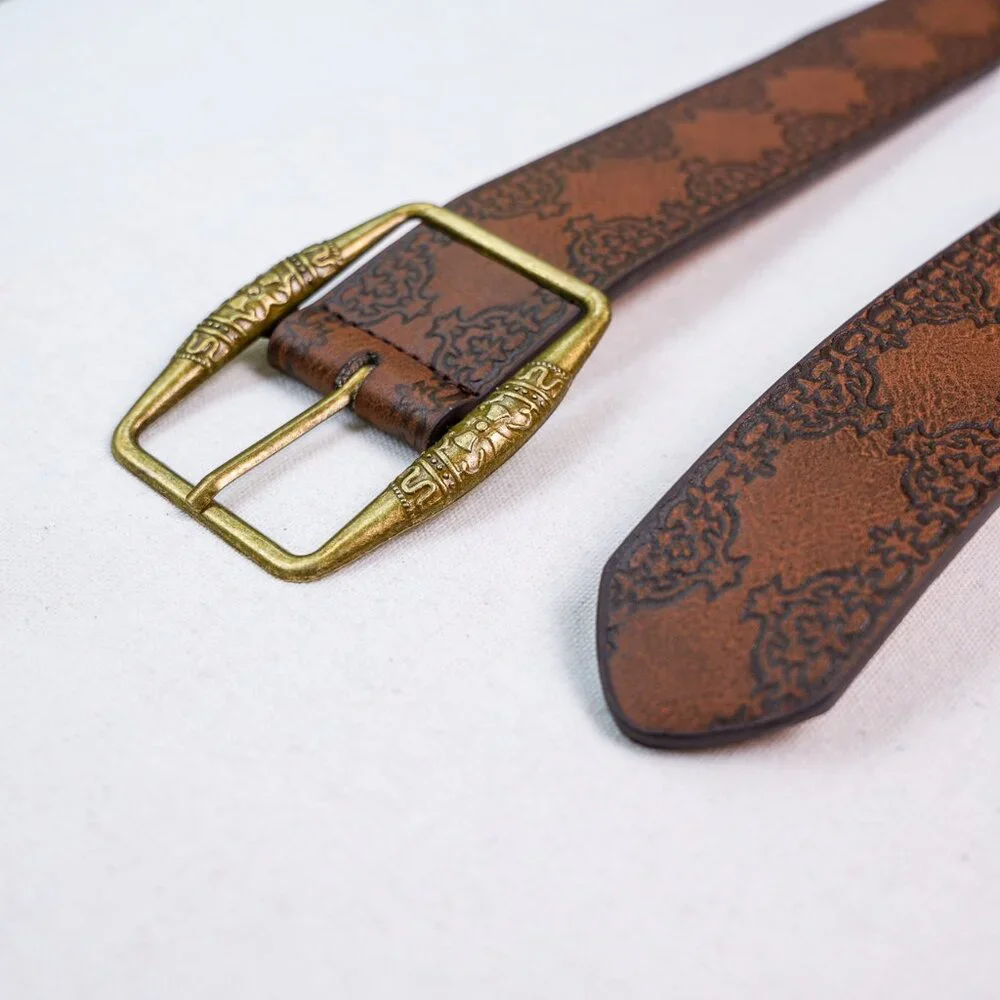y2k vintage brown engraved brass buckle western belt
